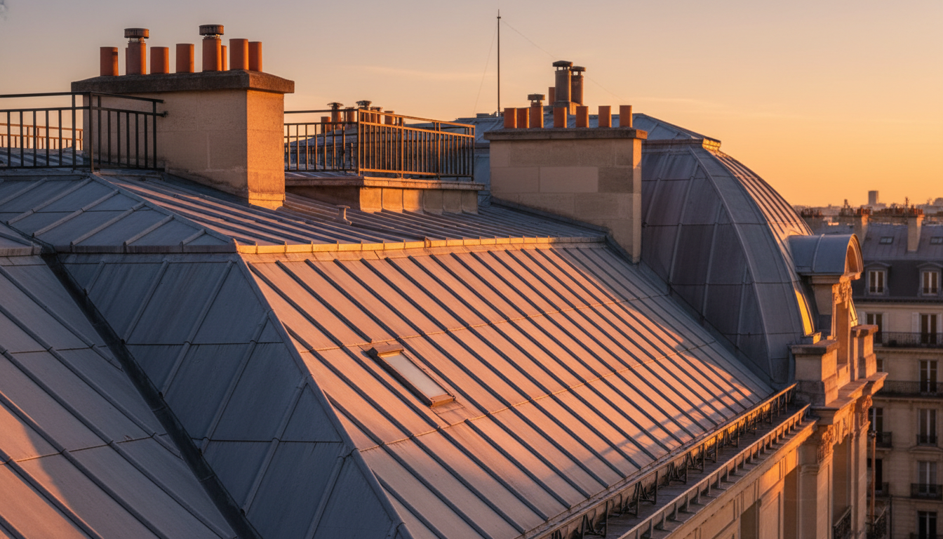 Toiture zinc haussmannienne au coucher du soleil